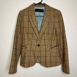 Zara Basic Lambswool Brown Plaid Blazer Elbow Patches Size Medium Fits Small